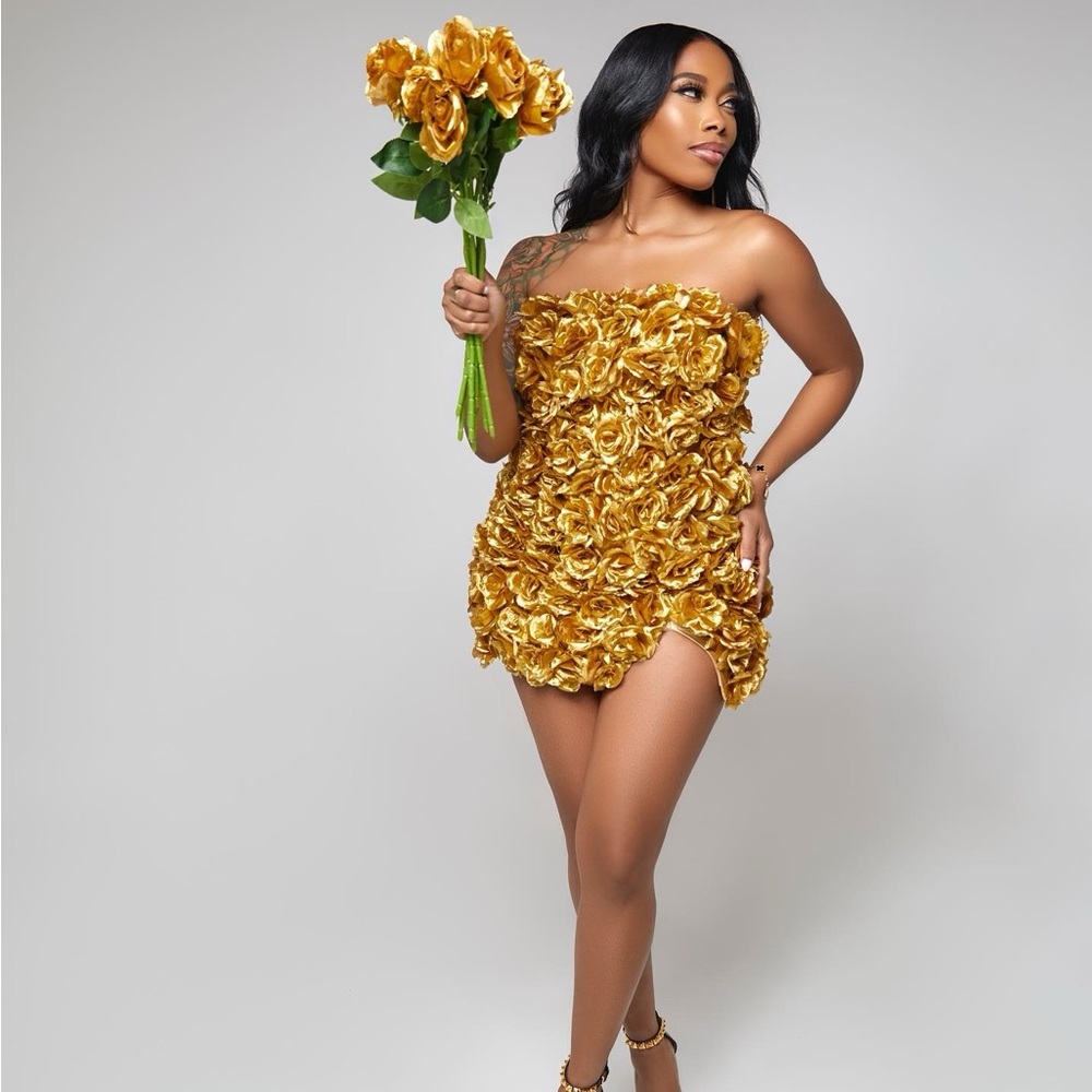 Custom Gold Rose-Embedded Mini Dress